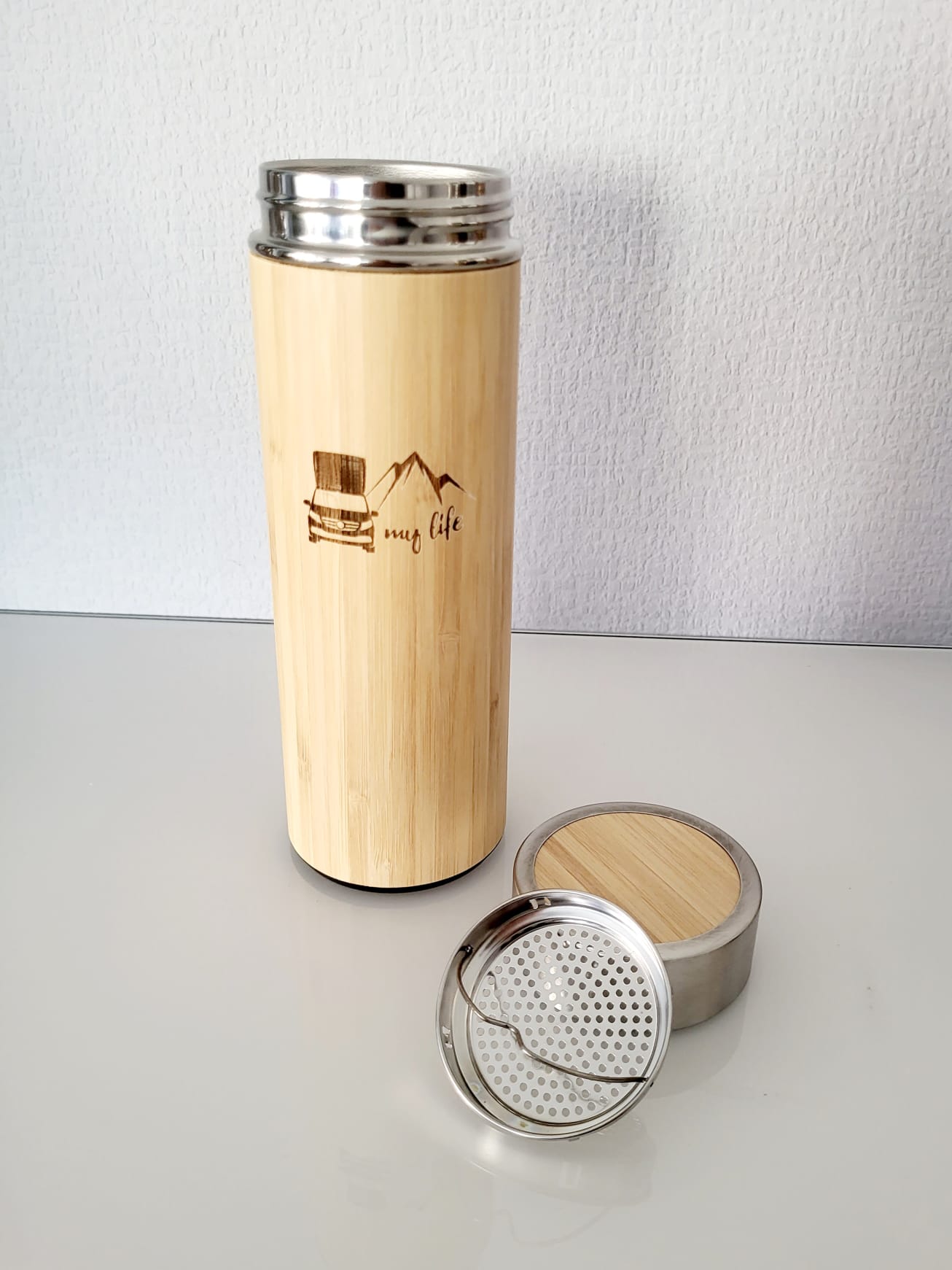 Isolierbecher aus Bambus mit Logo Gravur/ Thermosflasche 400ml 