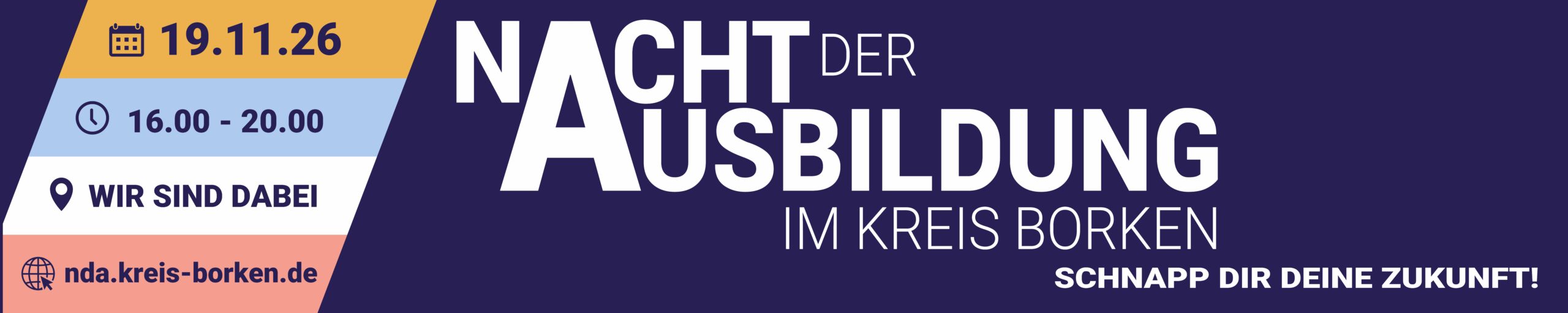 Banner für den Eingangsbereich hochkant oder quer 250x50 cm "Wir sind dabei" mit Ösen rundum