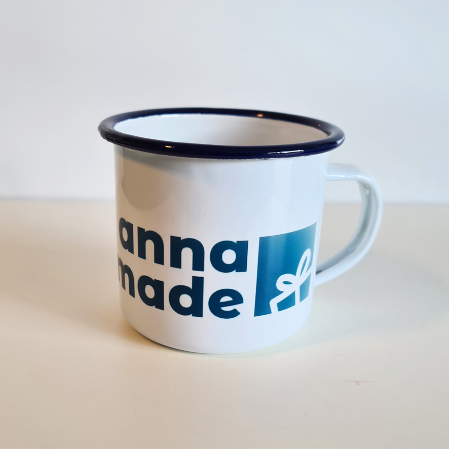 Emaille-Tasse weiß mit schwarzem Rand inkl. Druck